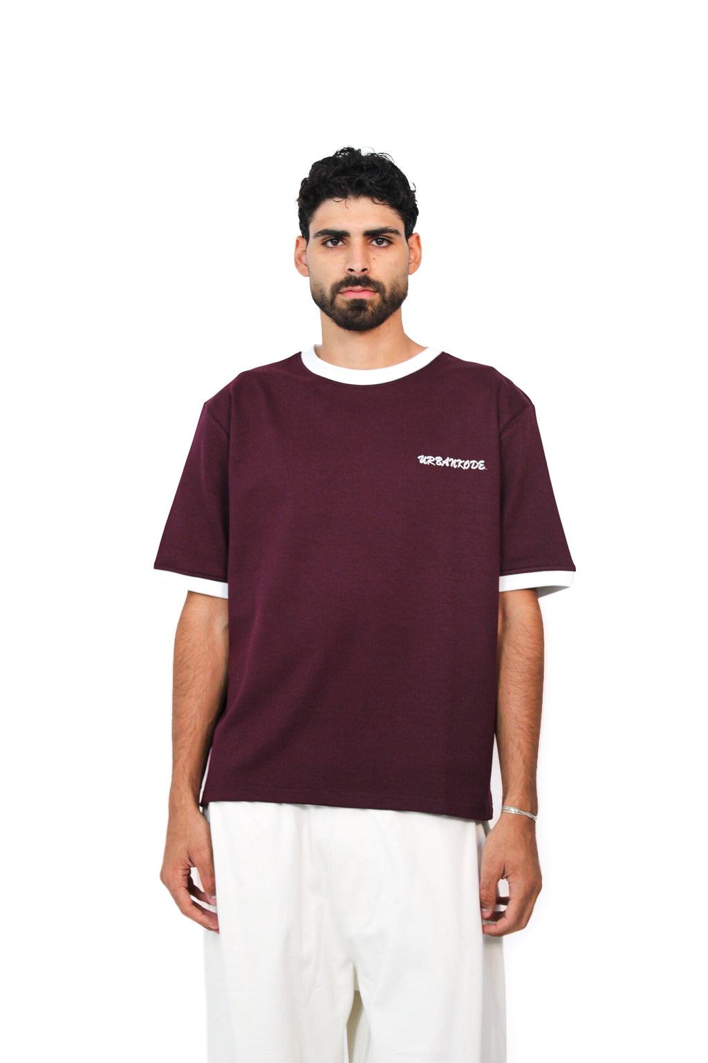 Retro Ringer Tee in Burgundy, front view