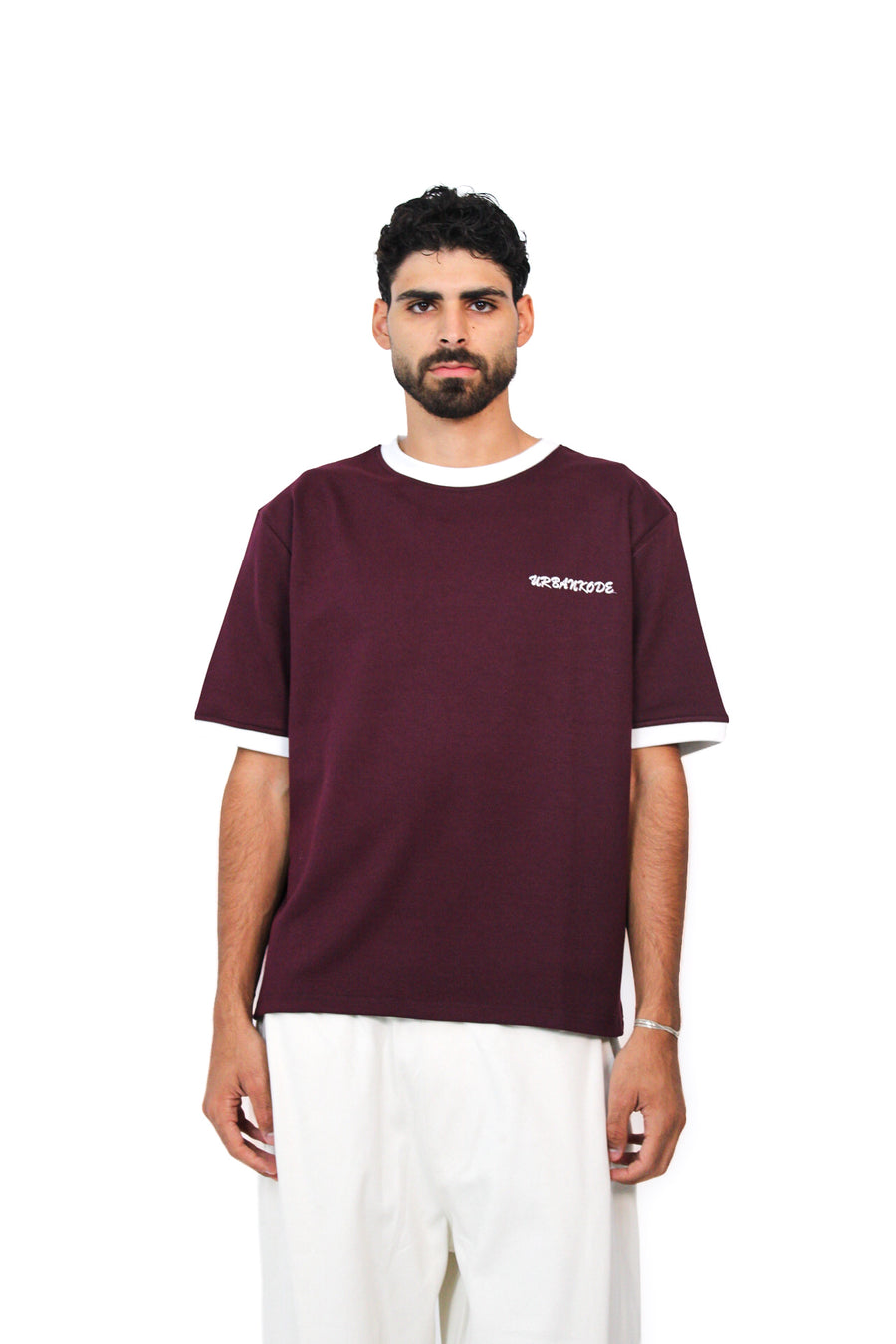 Retro Ringer Tee in Burgundy, front view