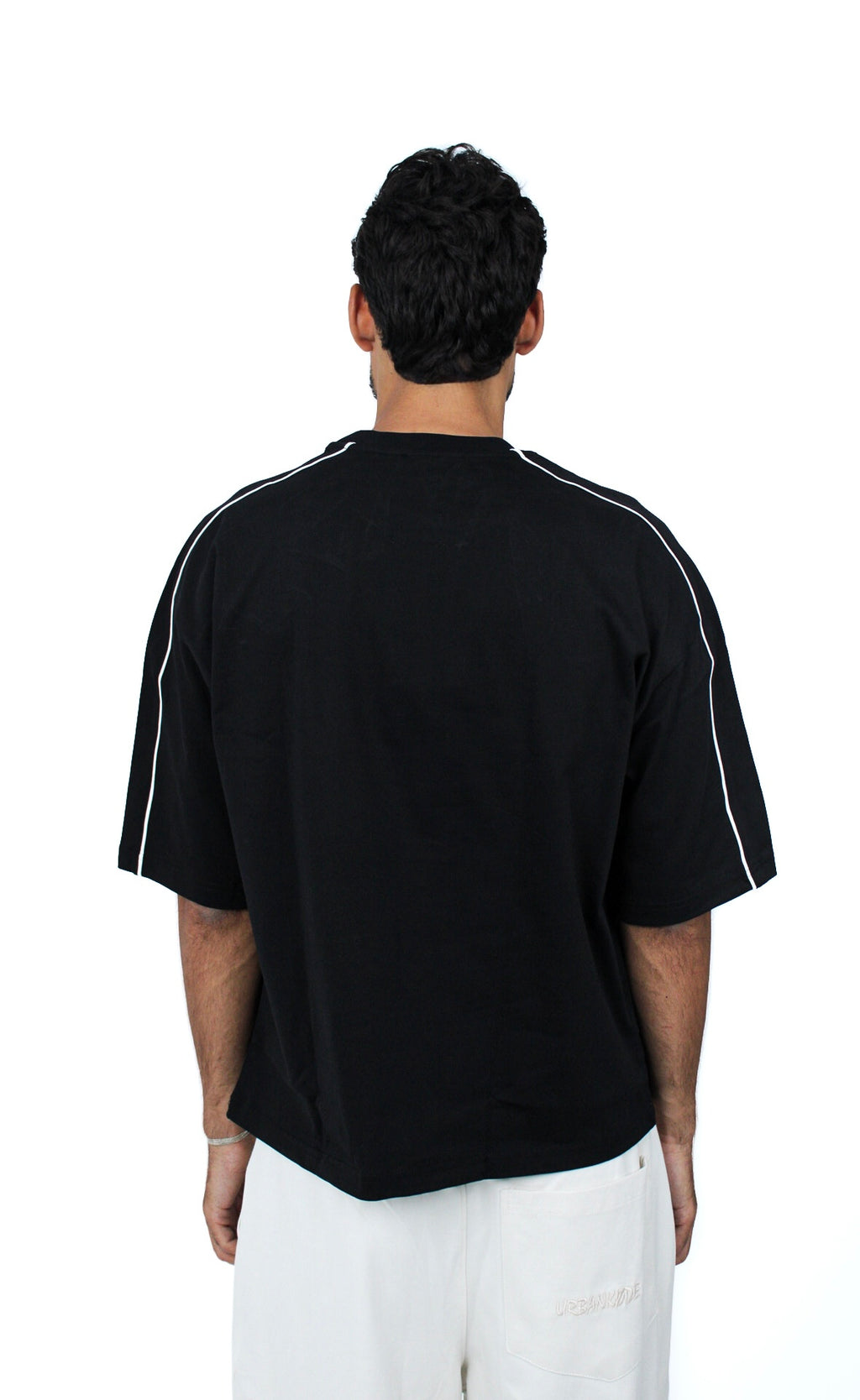 Piped Boxy Tee in Black, side view