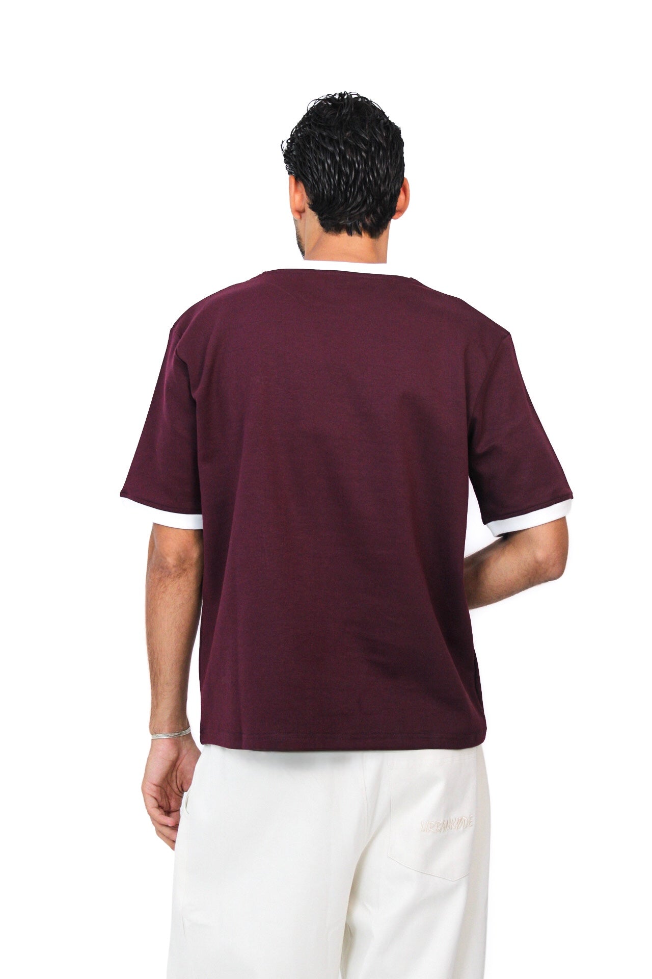 Retro Ringer Tee in Burgundy, back view