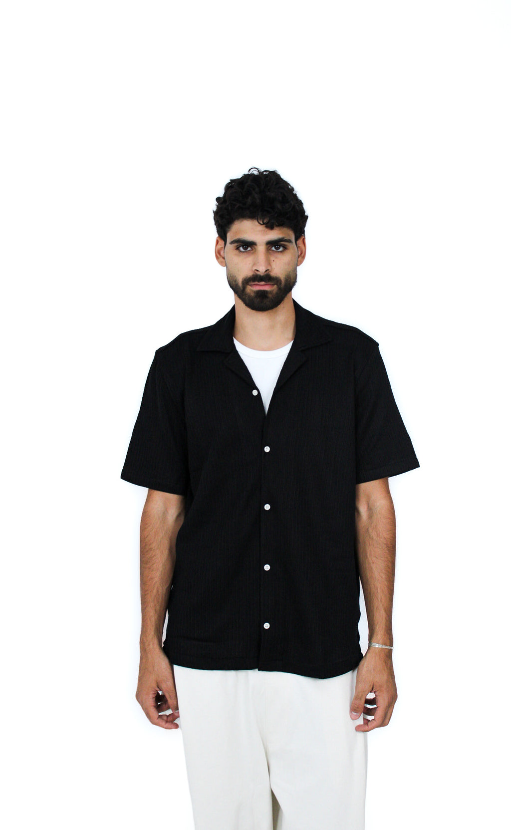 Jacquard Camp-Collar Shirt in Black, front view