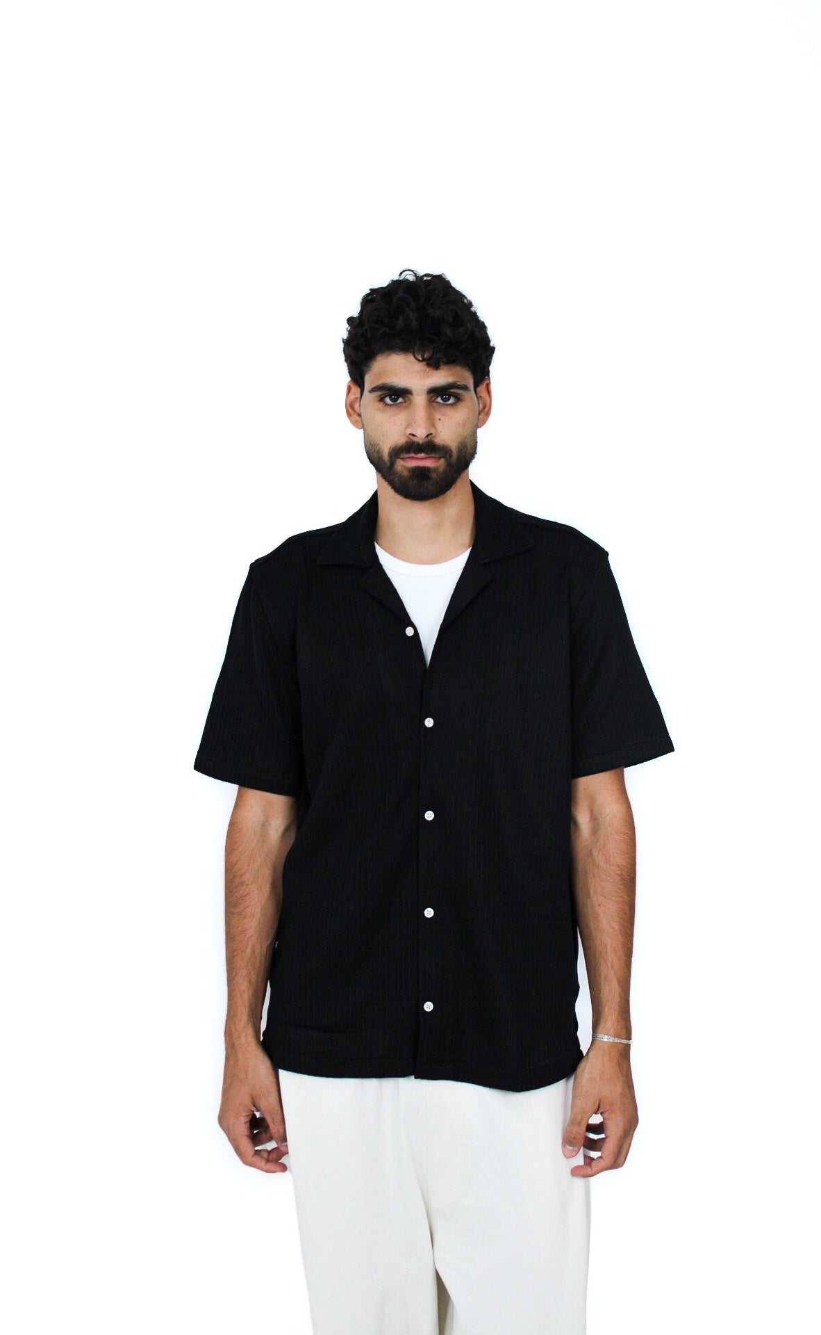 Jacquard Camp-Collar Shirt in Black, front view
