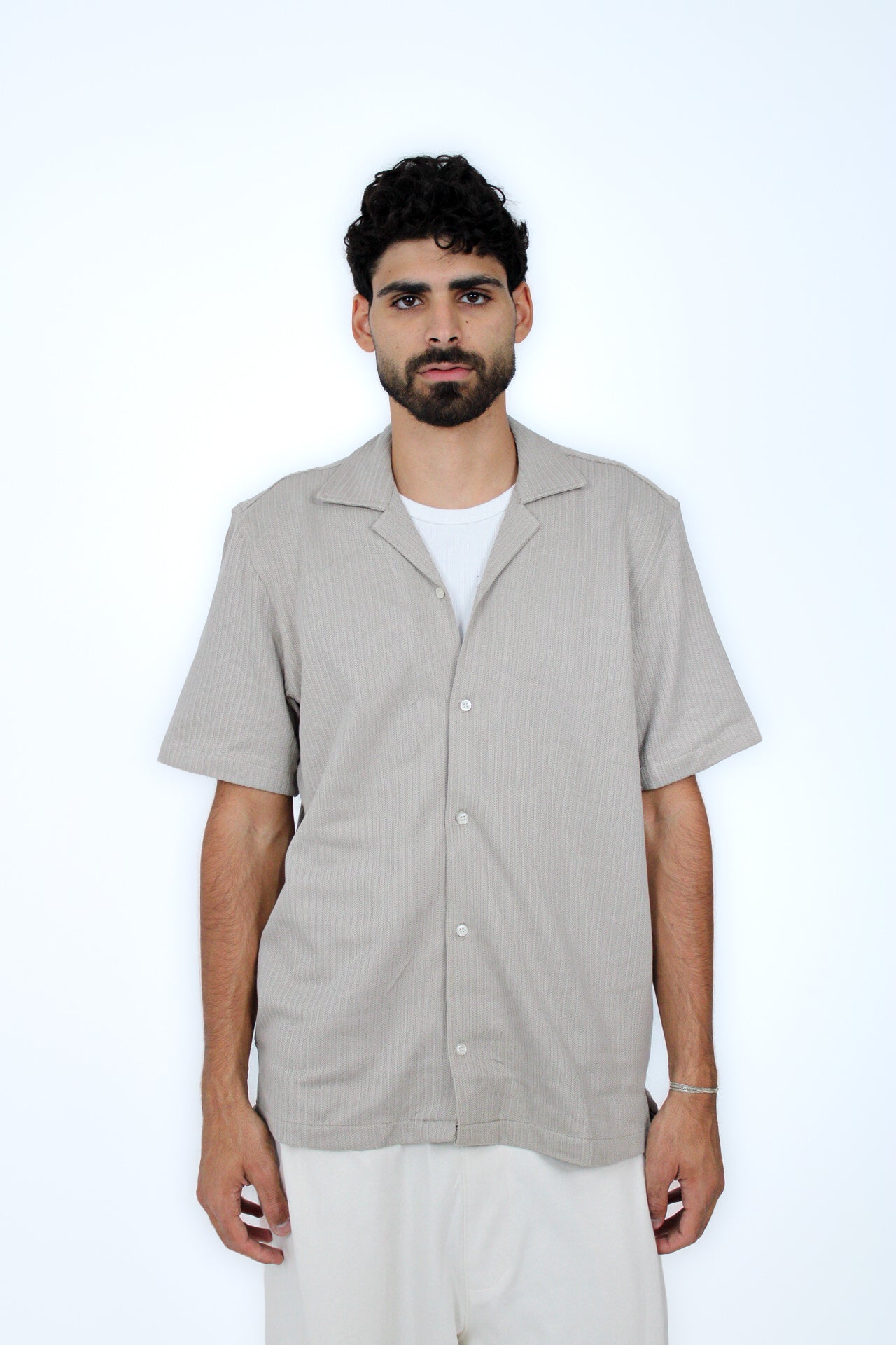Jacquard Camp-Collar Shirt in Olive, front view