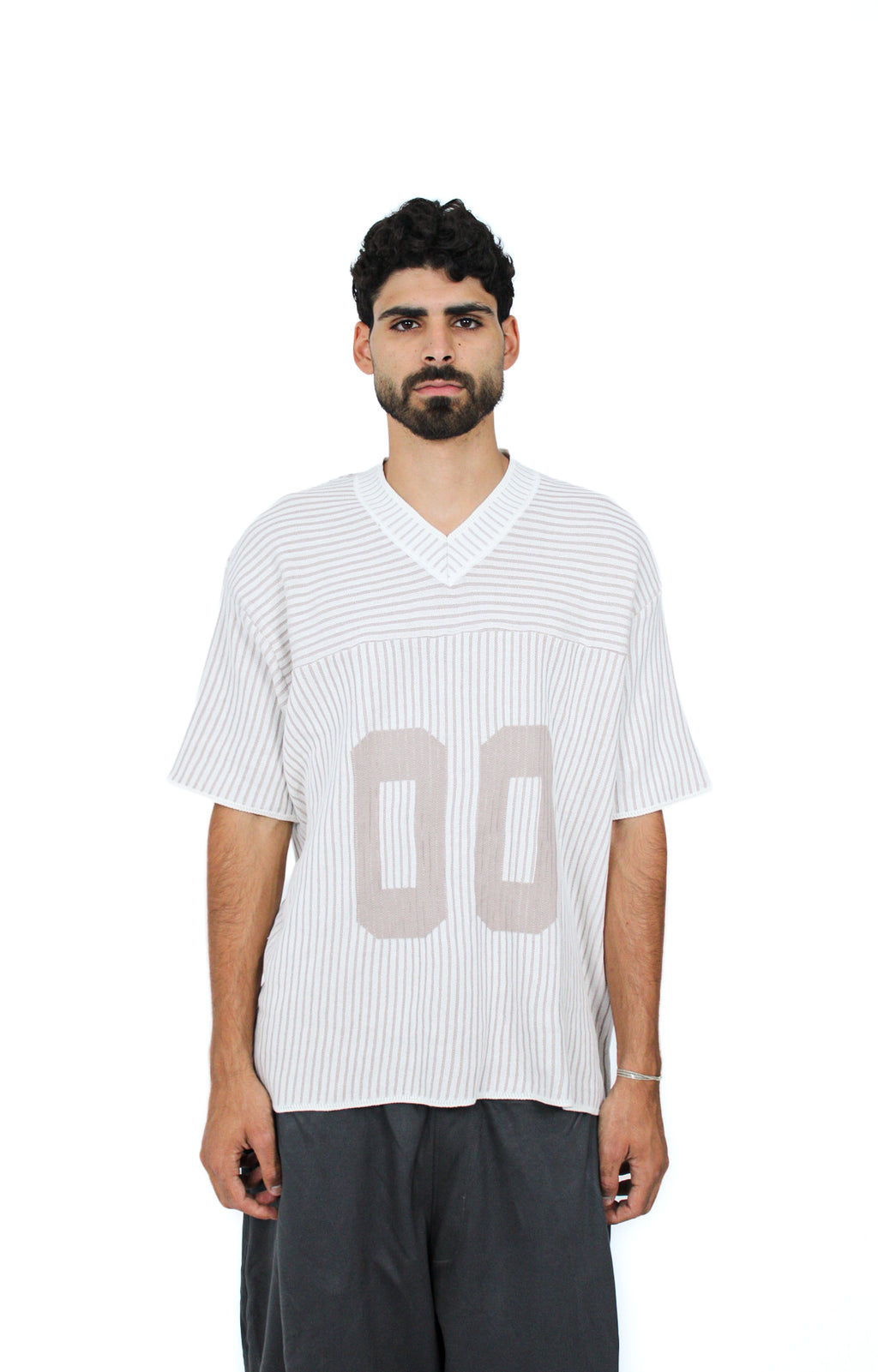 00 Knit Jersey Tee in Pinstripe White, front view on model