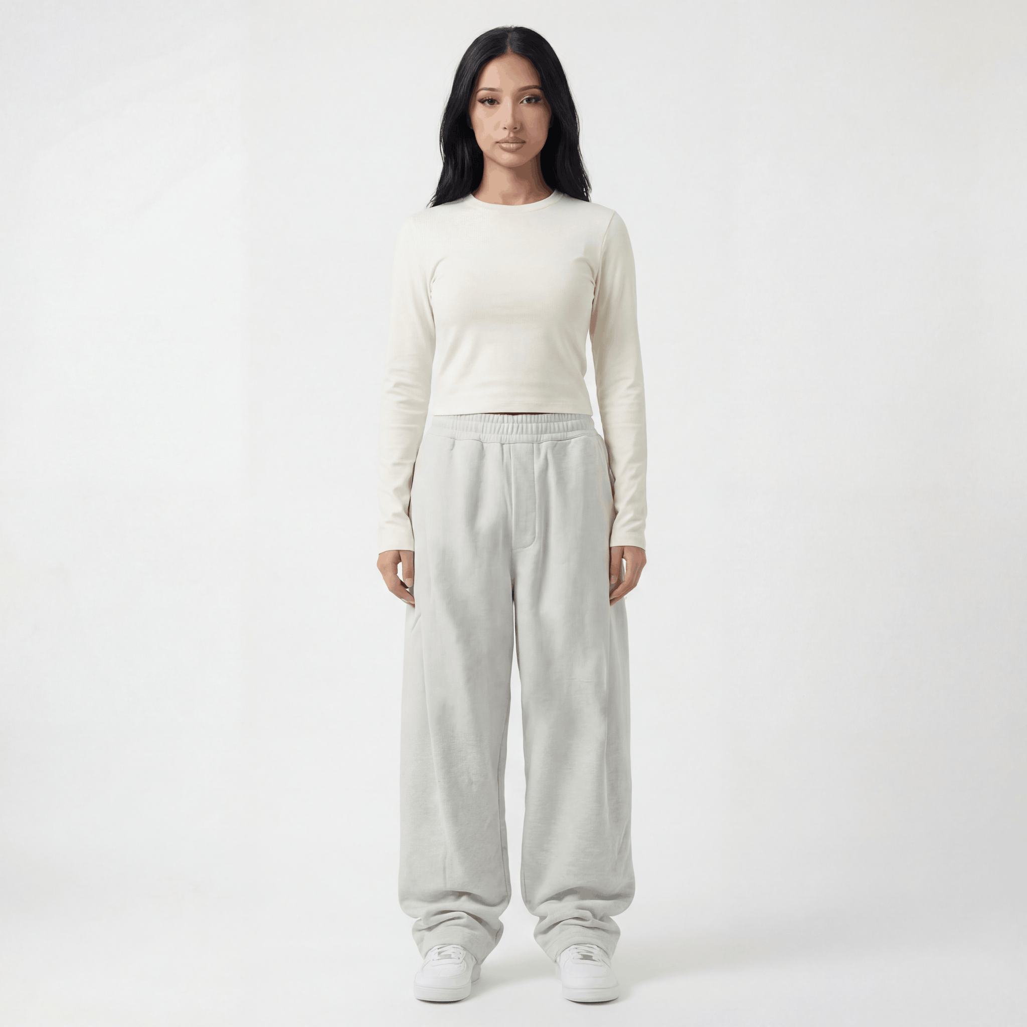 Essential Long Sleeve Top in Off White, front view