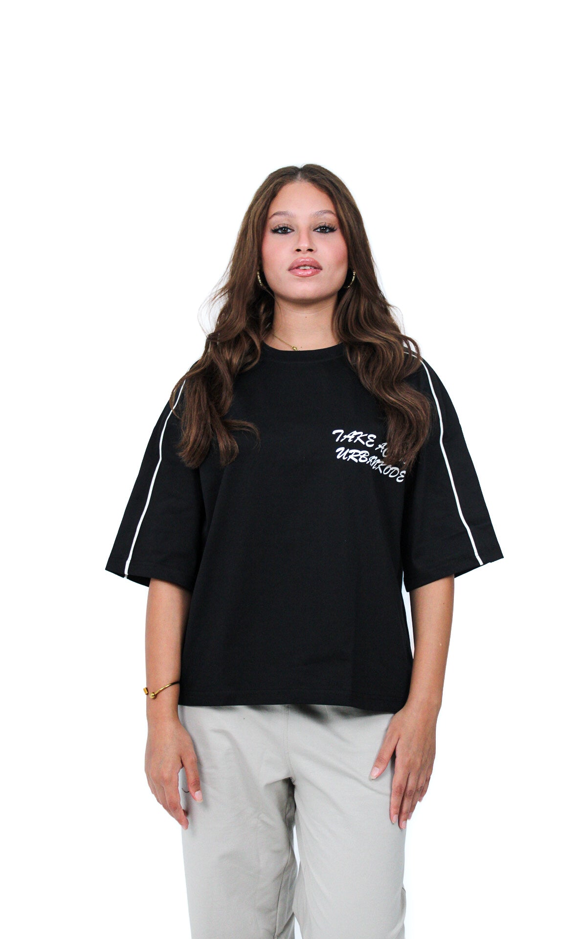 Piped Boxy Tee in Black, front view