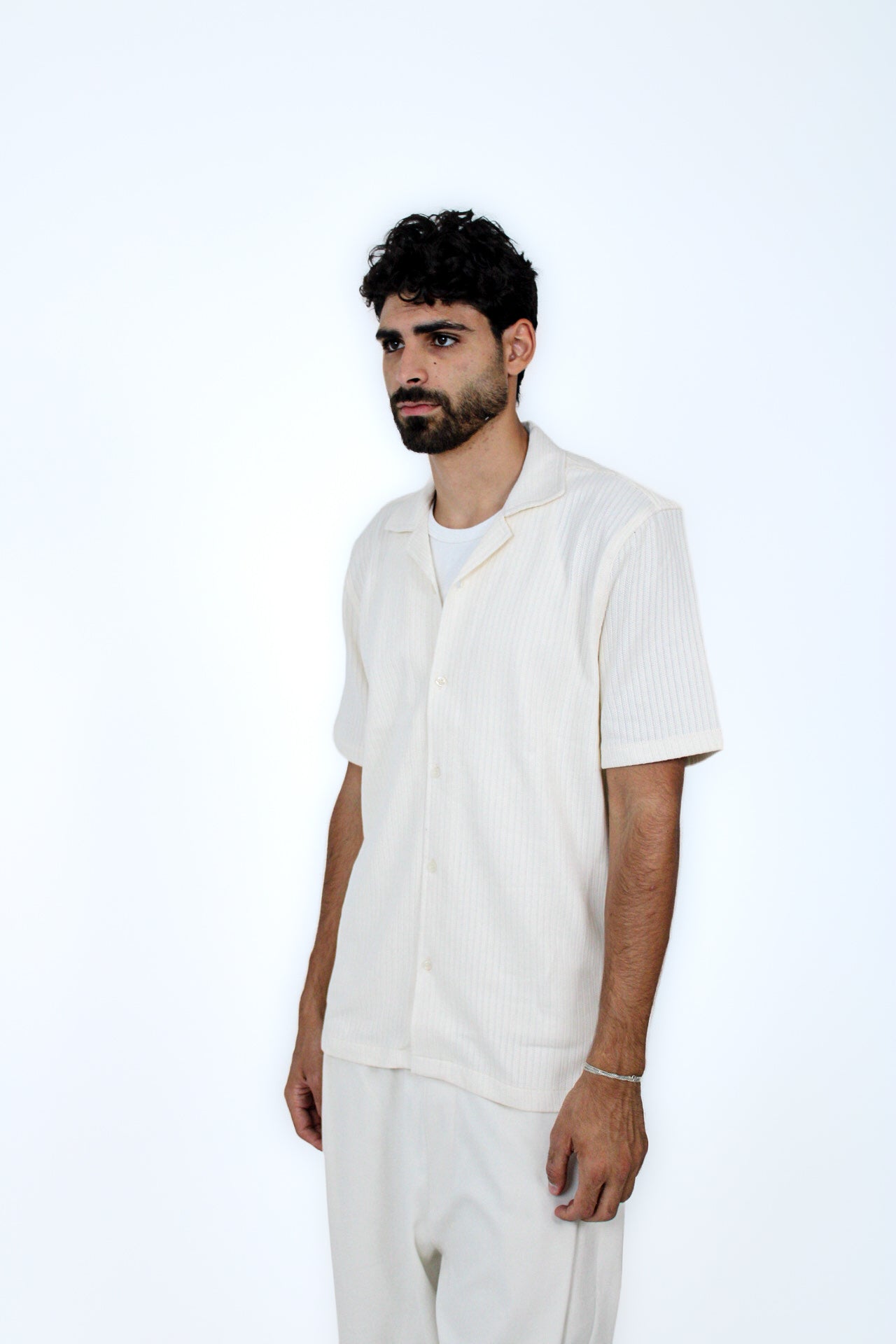 Jacquard Camp-Collar Shirt in White, three-quarter view