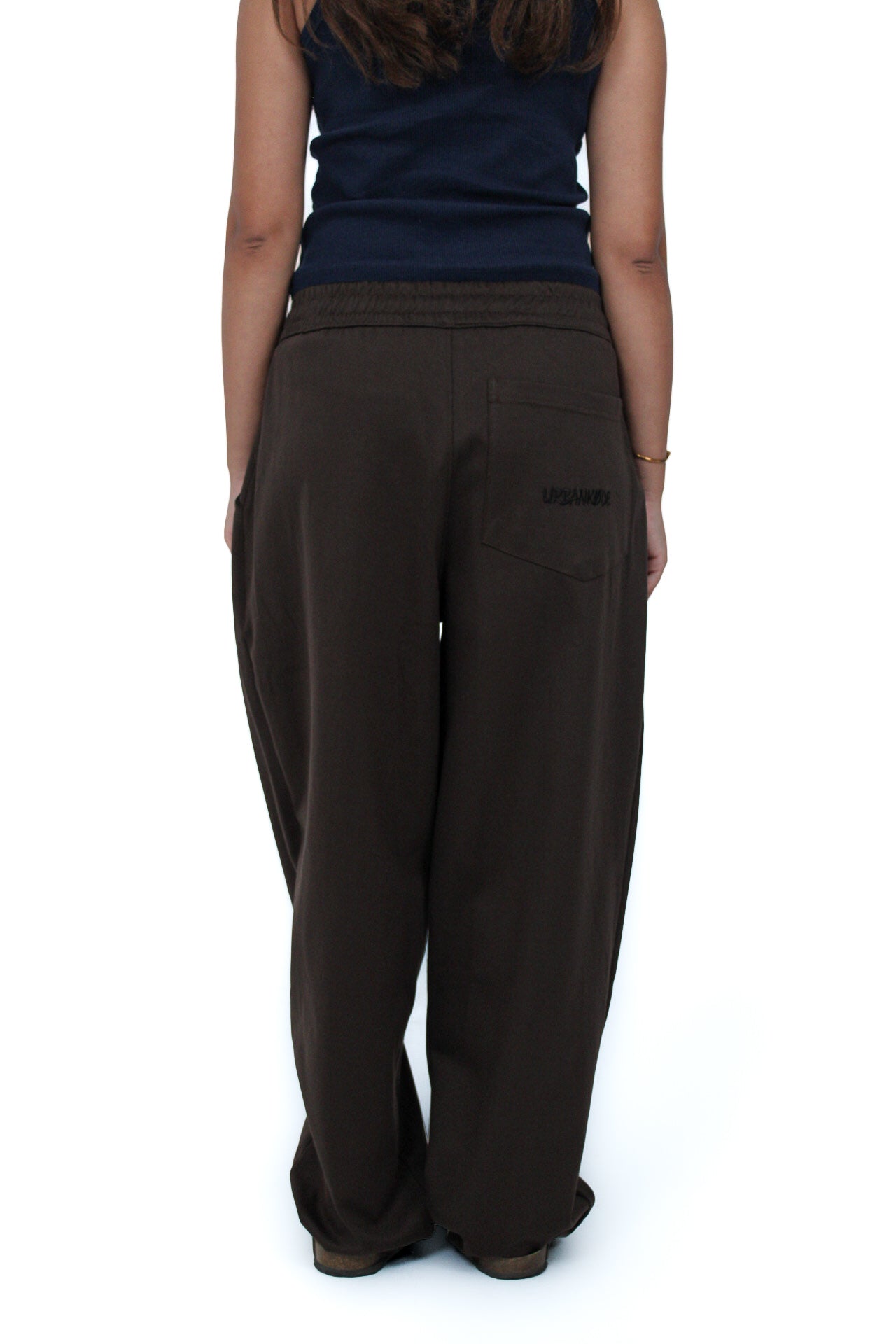 Pleated Balloon-Fit Pants in Brown, back view on model