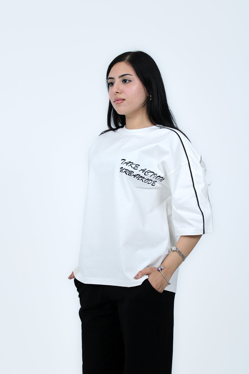 Piped Boxy Tee in White, three-quarter view on model