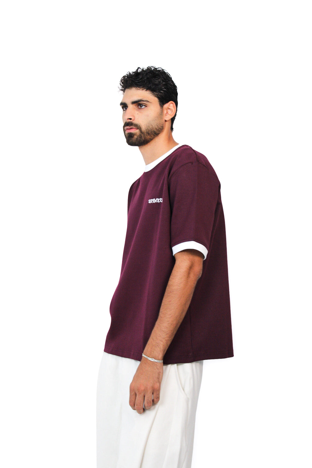 Retro Ringer Tee in Burgundy, three-quarter view