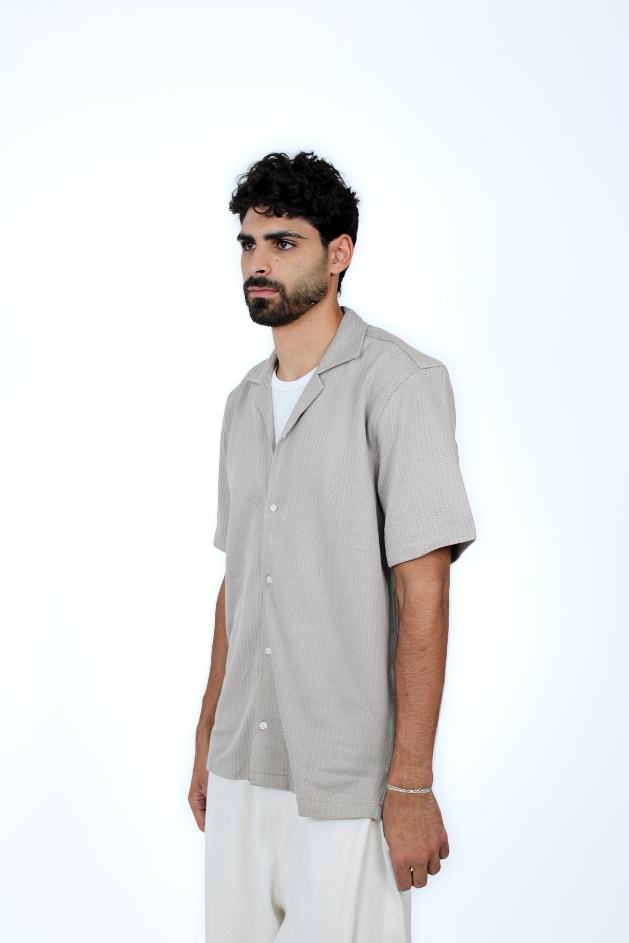 Jacquard Camp-Collar Shirt in Olive, three-quarter view