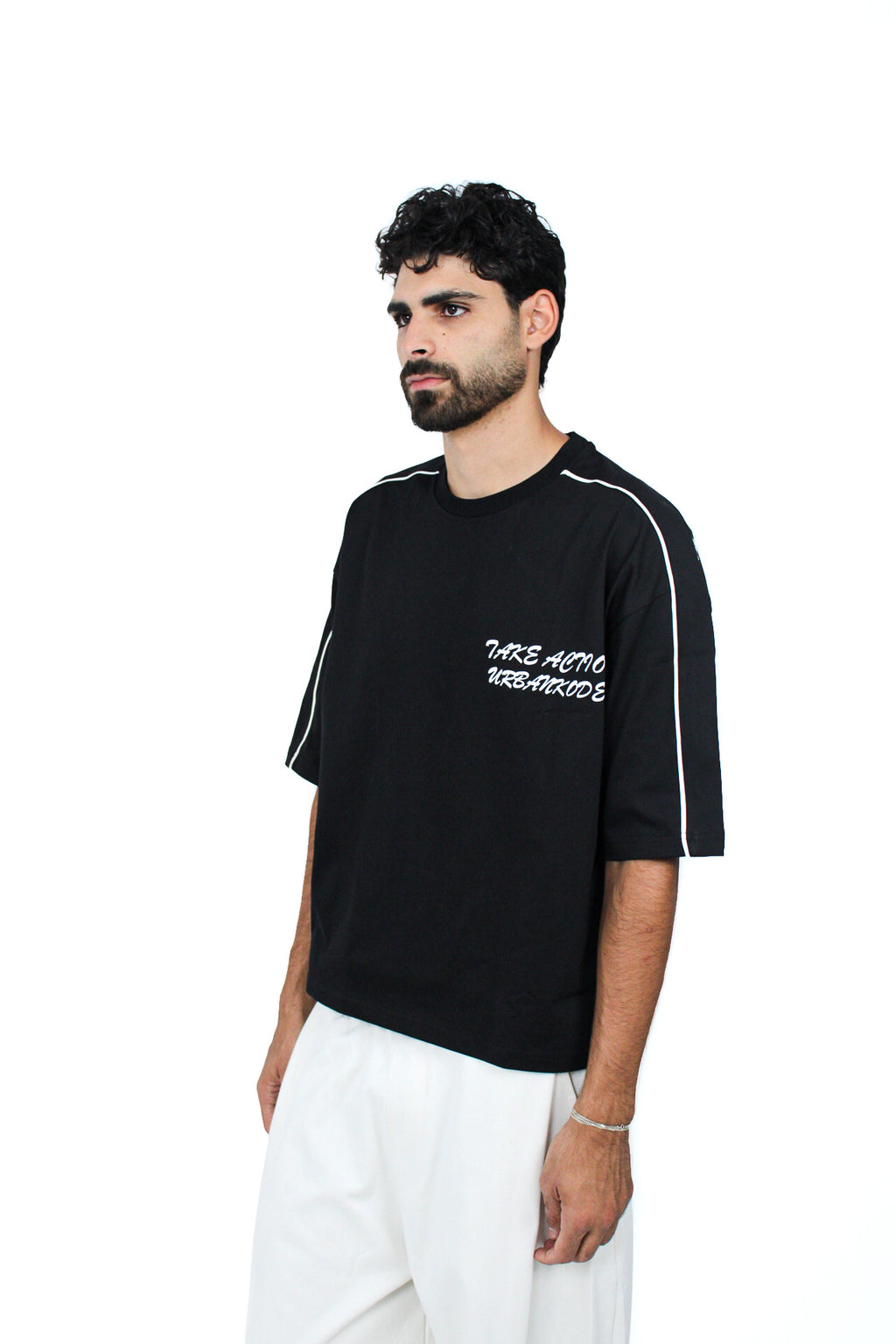Piped Boxy Tee in Black, back view