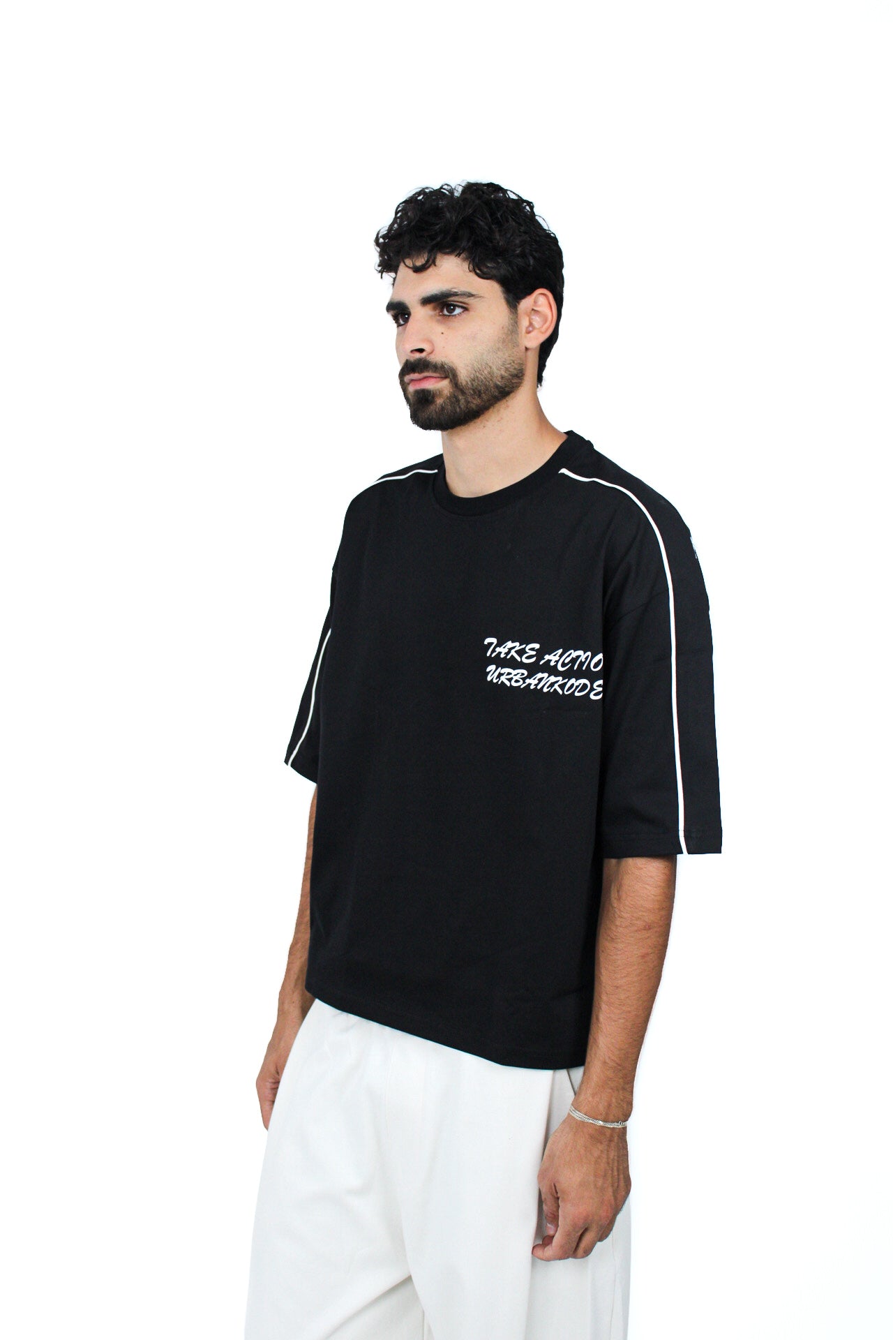 Piped Boxy Tee in Black, back view
