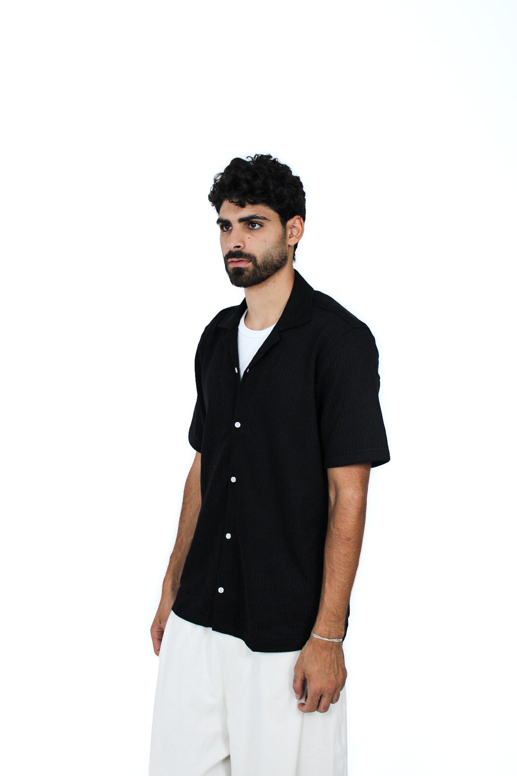Jacquard Camp-Collar Shirt in Black, three-quarter view