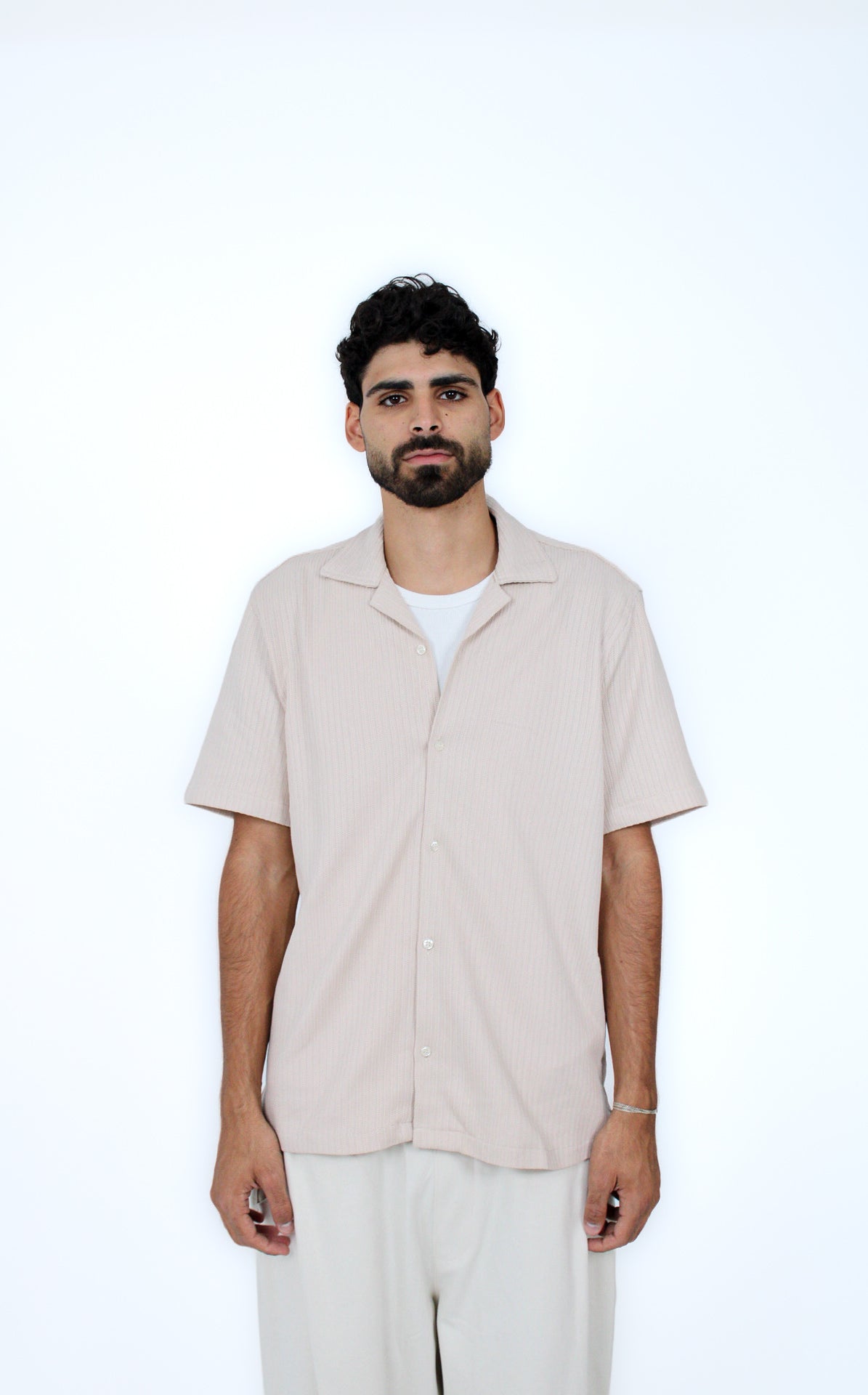 Jacquard Camp-Collar Shirt in Griege, front view