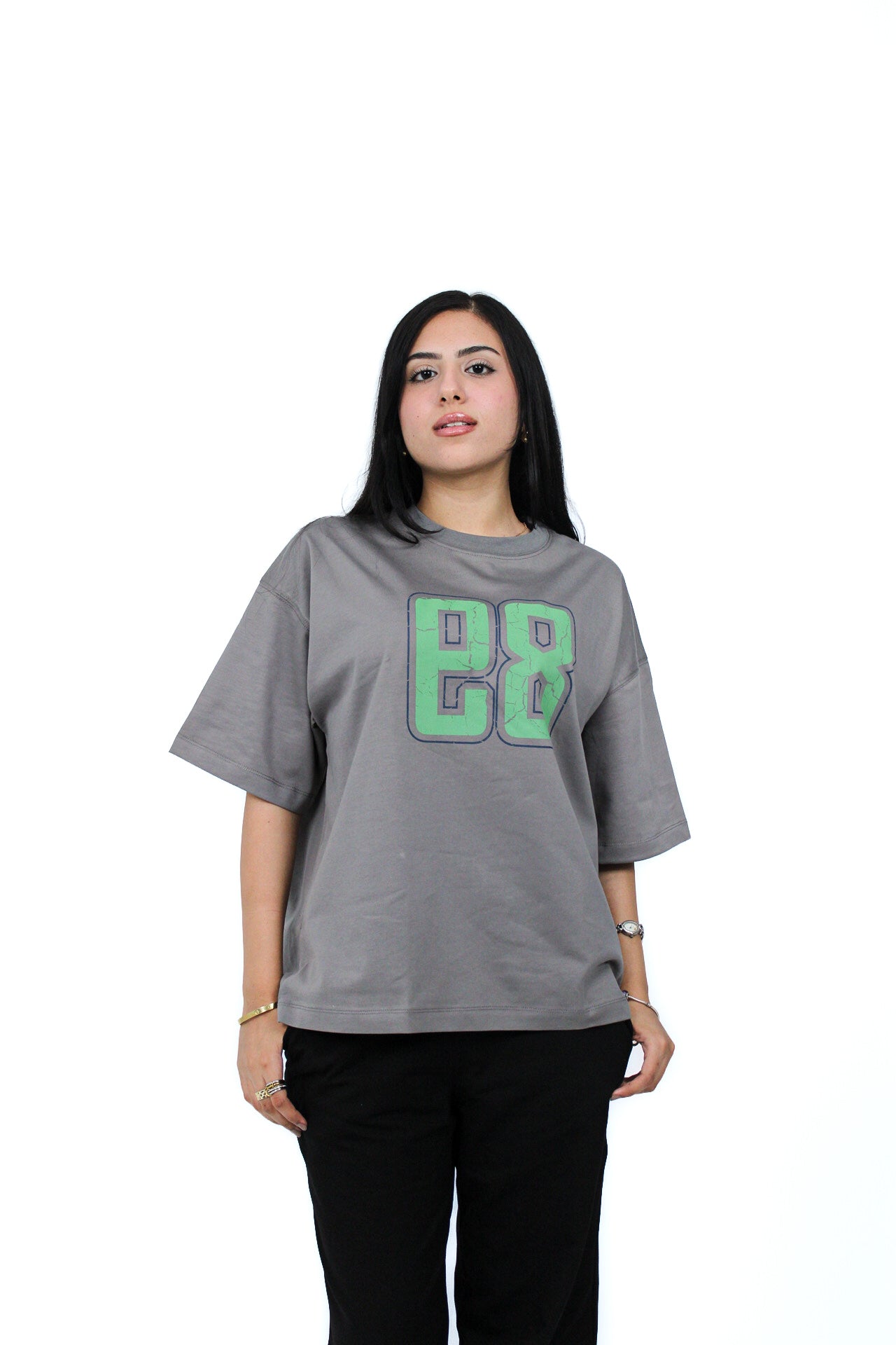 89 Oversized Boxy Tee in Dark Gray, three-quarter view