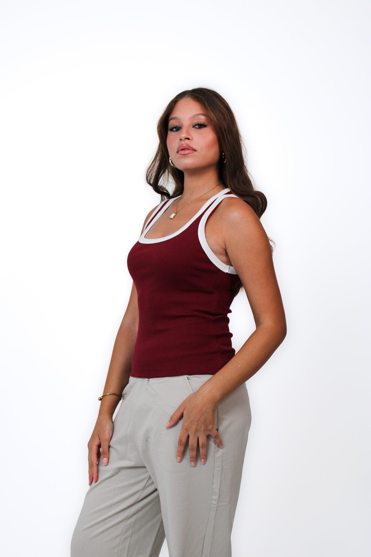 Contrast Ring Tank in Burgundy, three-quarter view