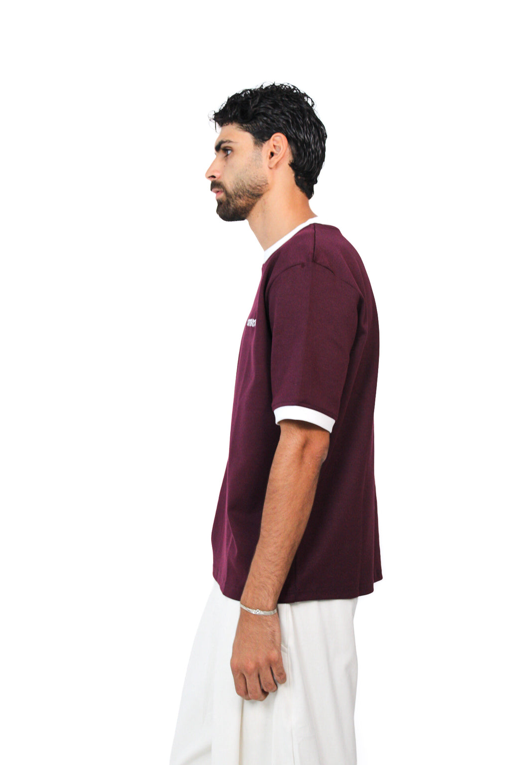 Retro Ringer Tee in Burgundy, side view