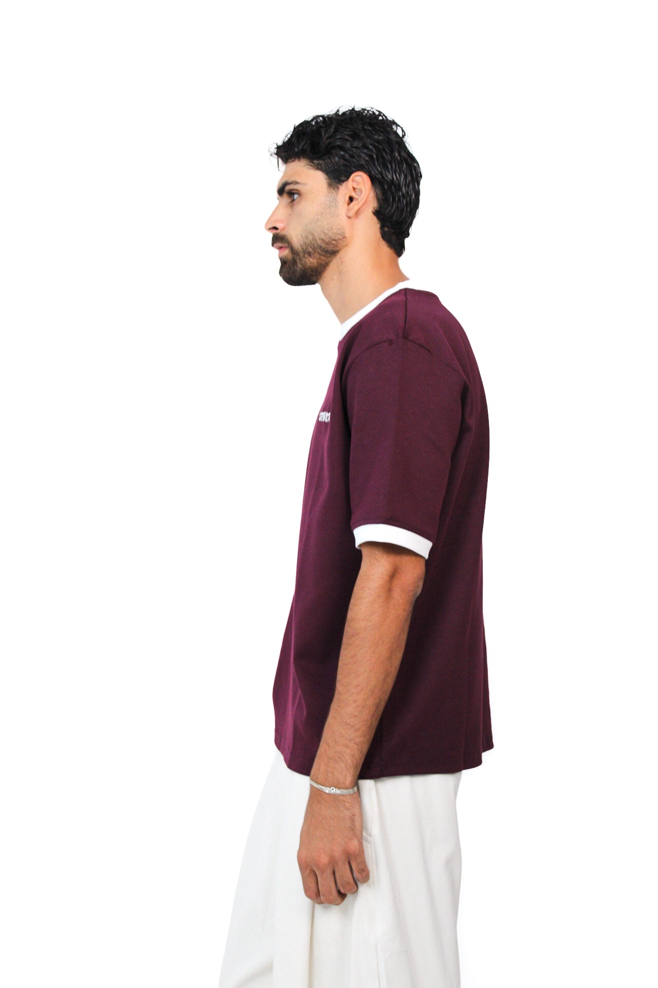 Retro Ringer Tee in Burgundy, side view