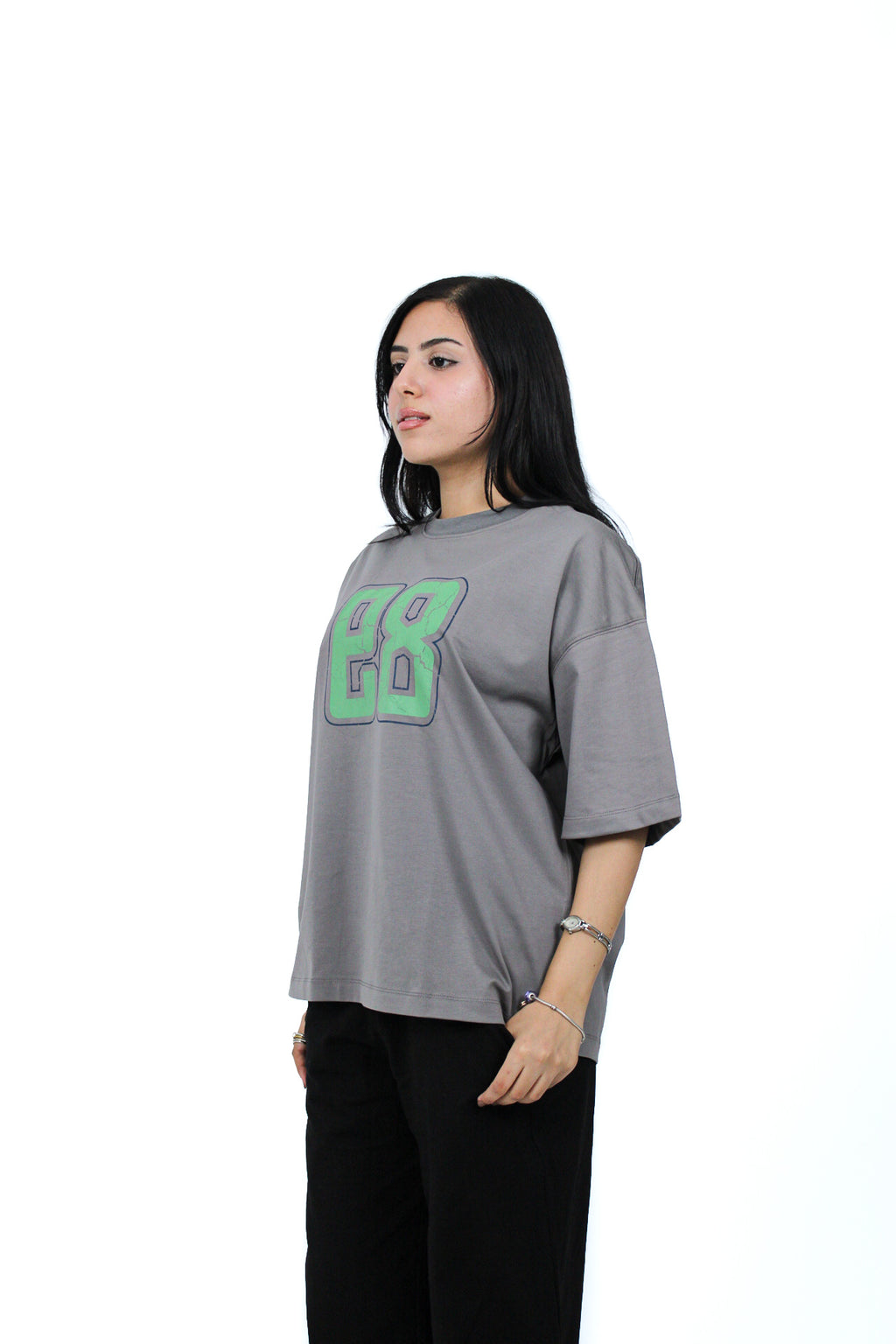 89 Oversized Boxy Tee in Dark Gray, side view on model