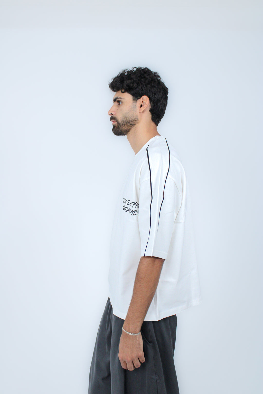 Piped Boxy Tee in White, side view