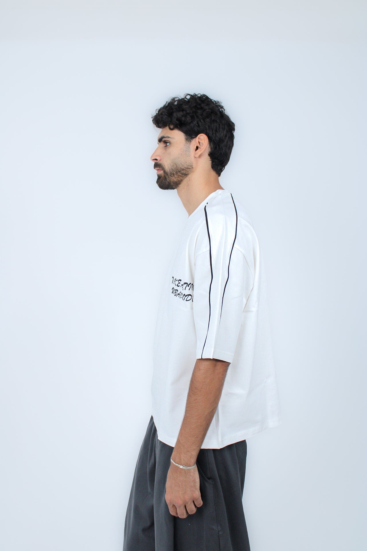 Piped Boxy Tee in White, side view