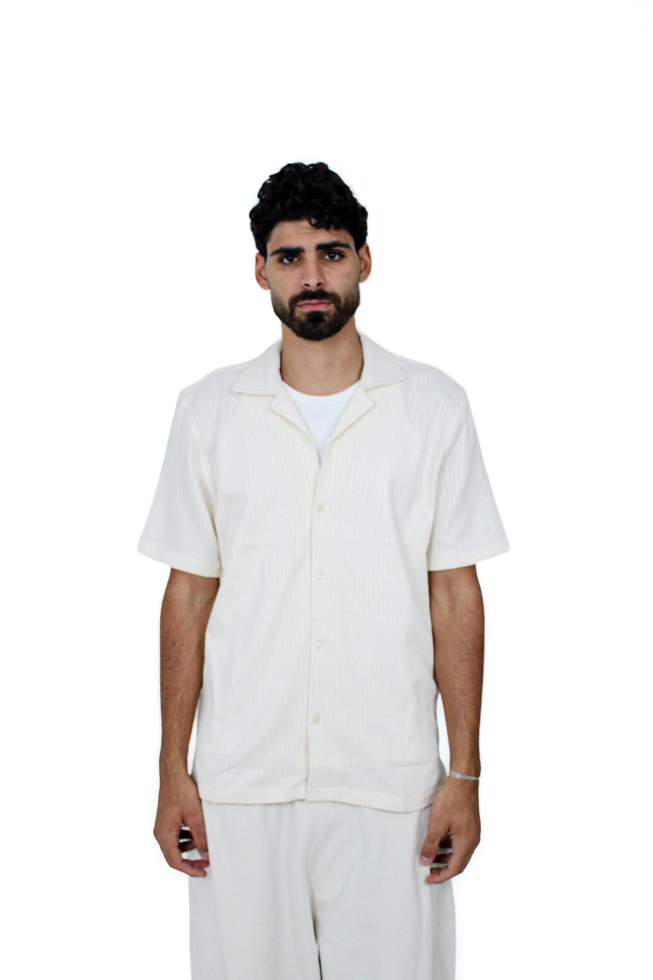 Jacquard Camp-Collar Shirt in White, front view