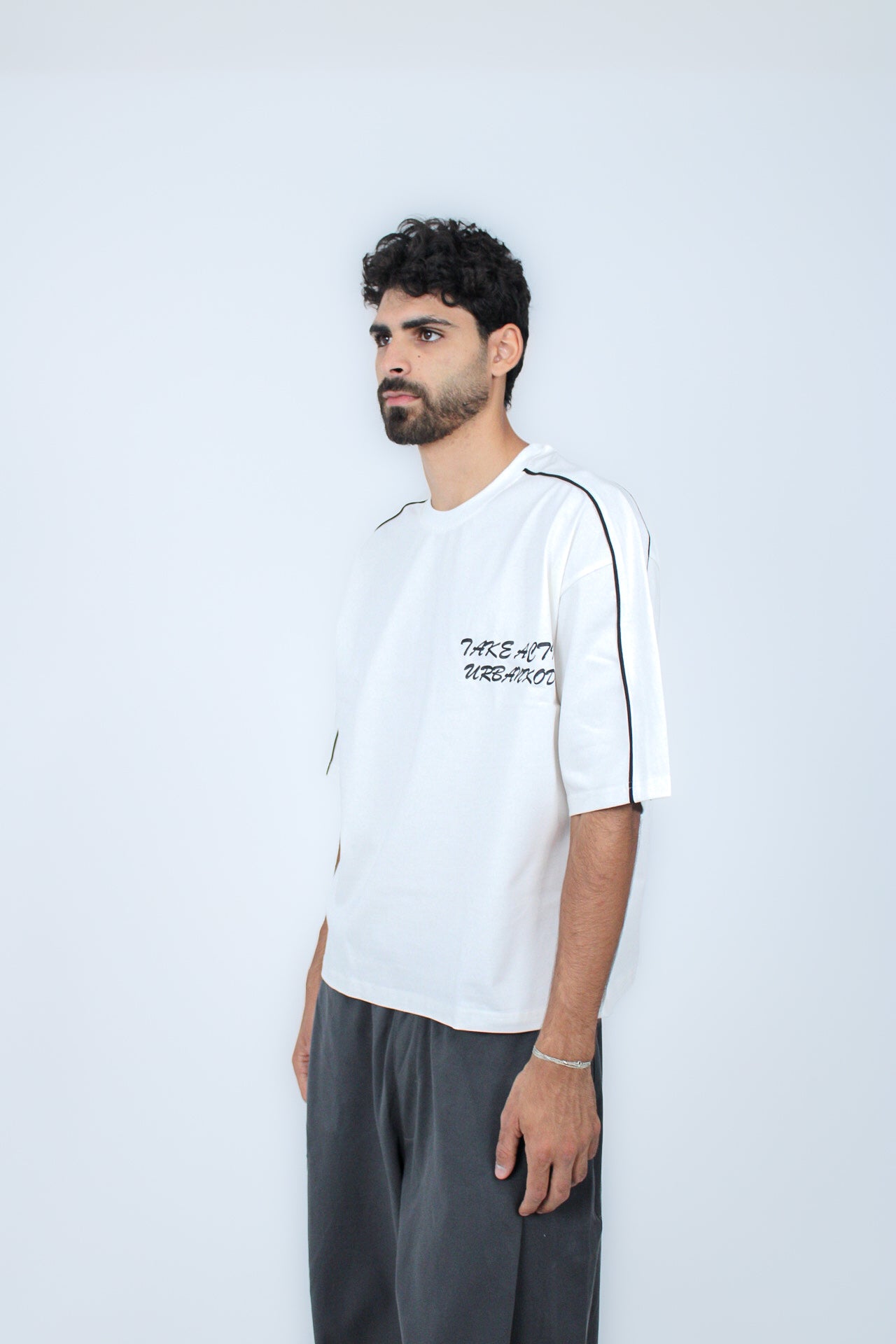 Piped Boxy Tee in White, three-quarter view