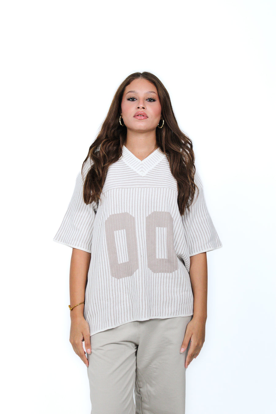 00 Knit Jersey Tee in Pinstripe White, front view