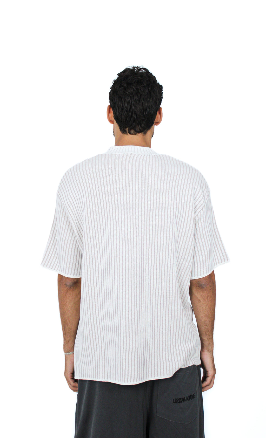 00 Knit Jersey Tee in Pinstripe White, back view