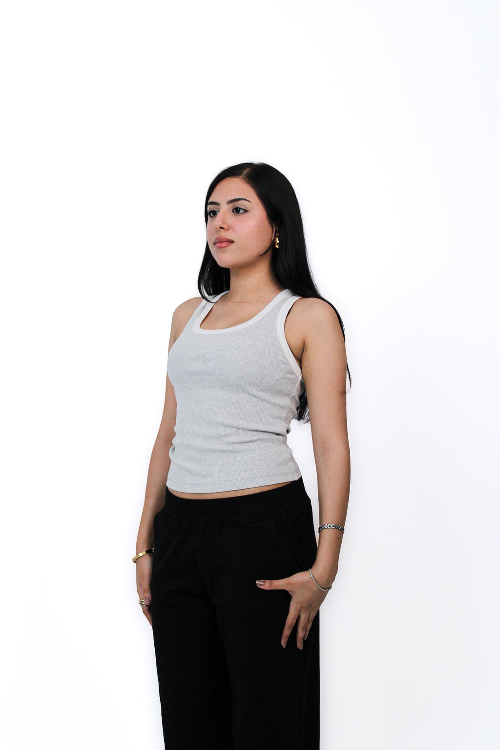 Contrast Ring Tank in Chinne Gray, three-quarter view