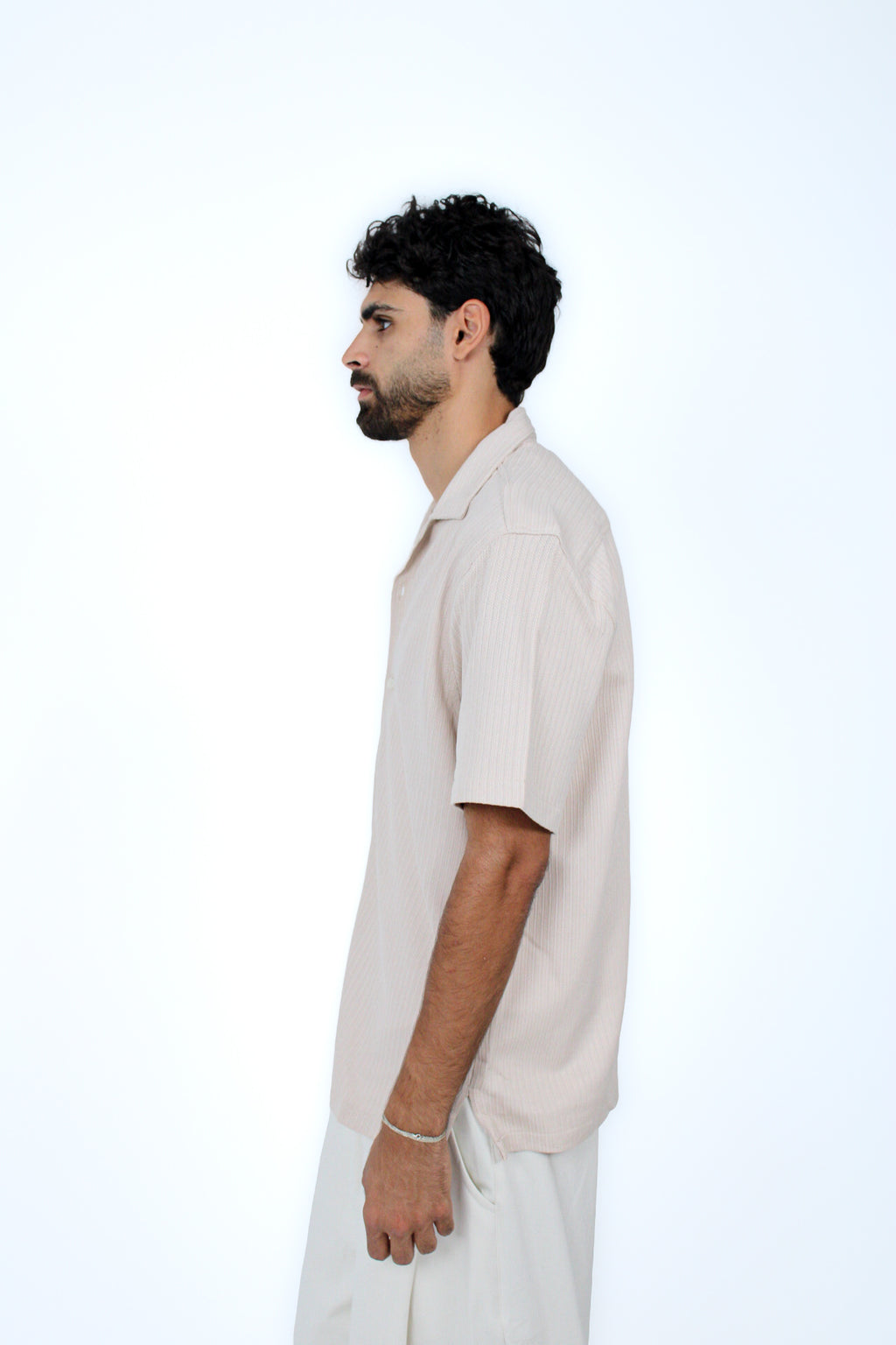 Jacquard Camp-Collar Shirt in Griege, three-quarter view