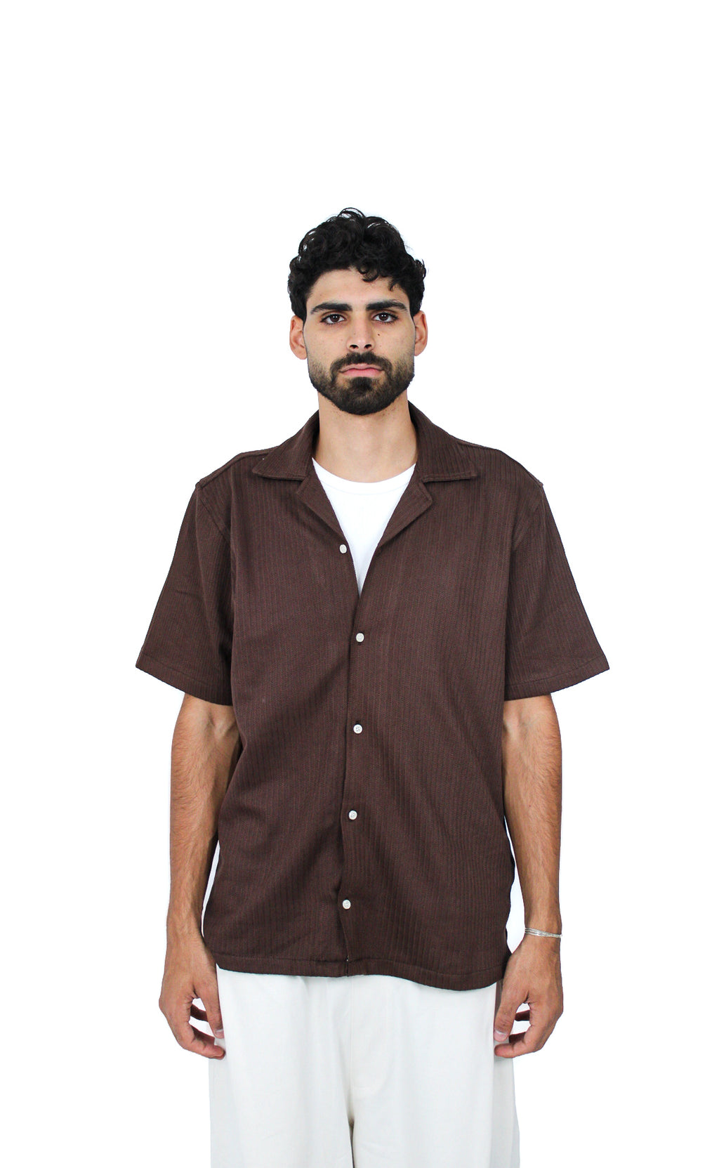 Jacquard Camp-Collar Shirt in Brown, three-quarter view