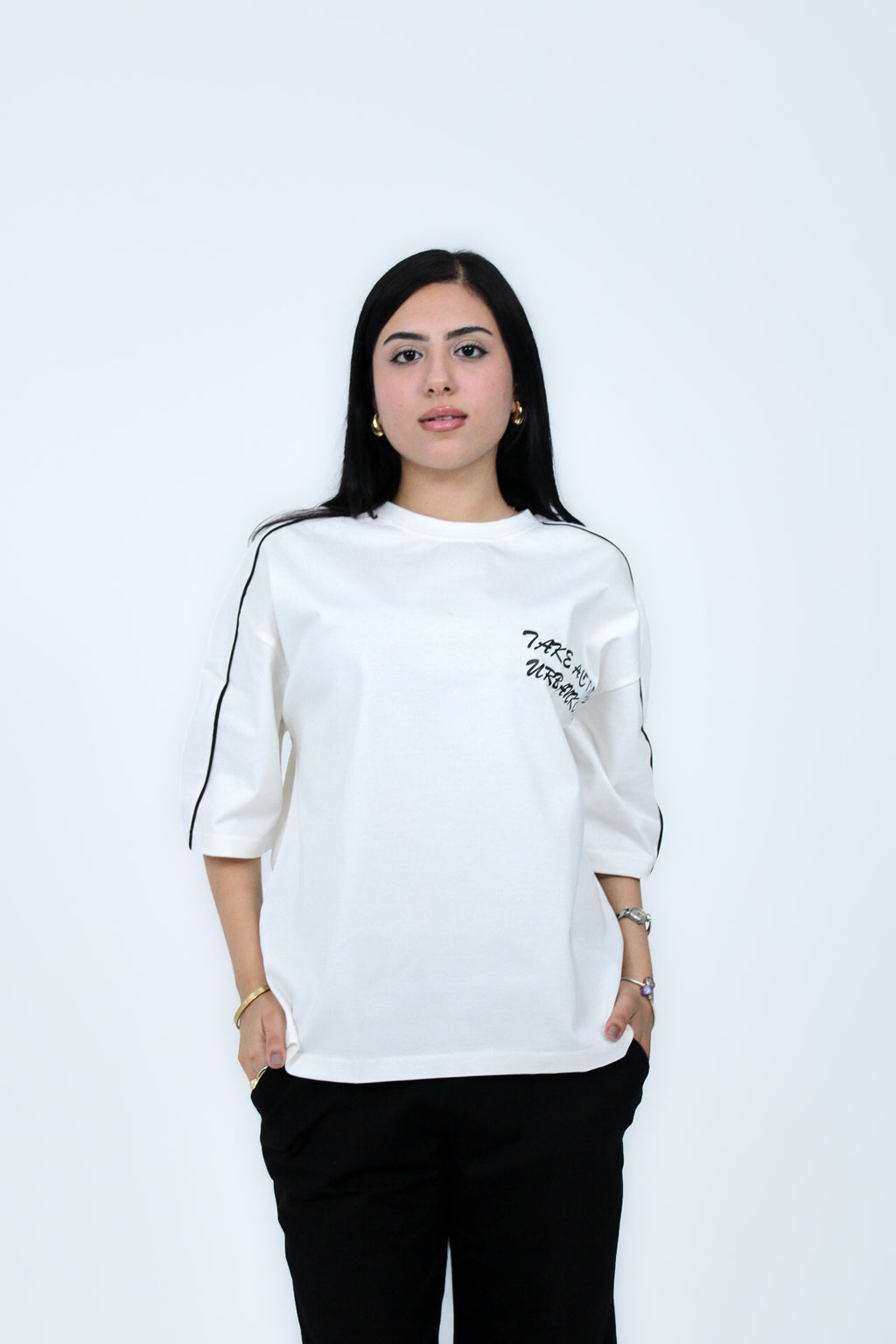 Piped Boxy Tee in White, front view