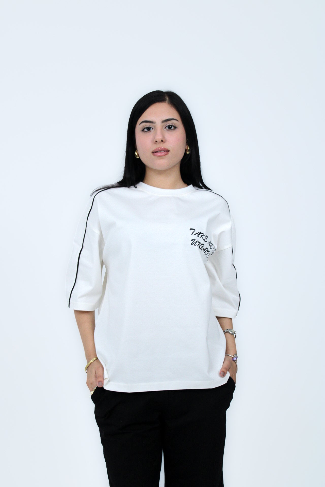 Piped Boxy Tee in White, front view