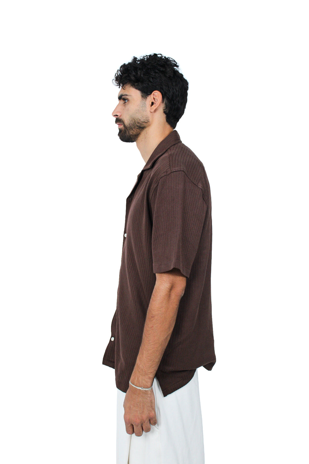 Jacquard Camp-Collar Shirt in Brown, side view