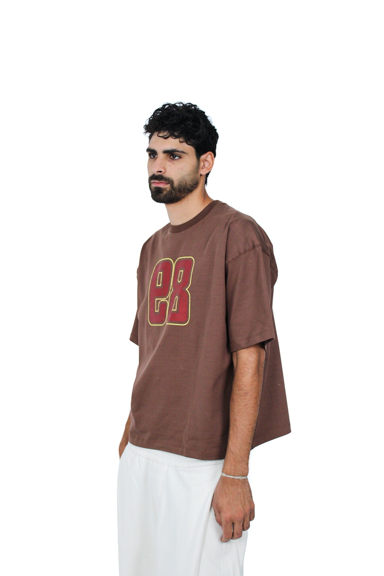 89 Oversized Boxy Tee in Brown, three-quarter view