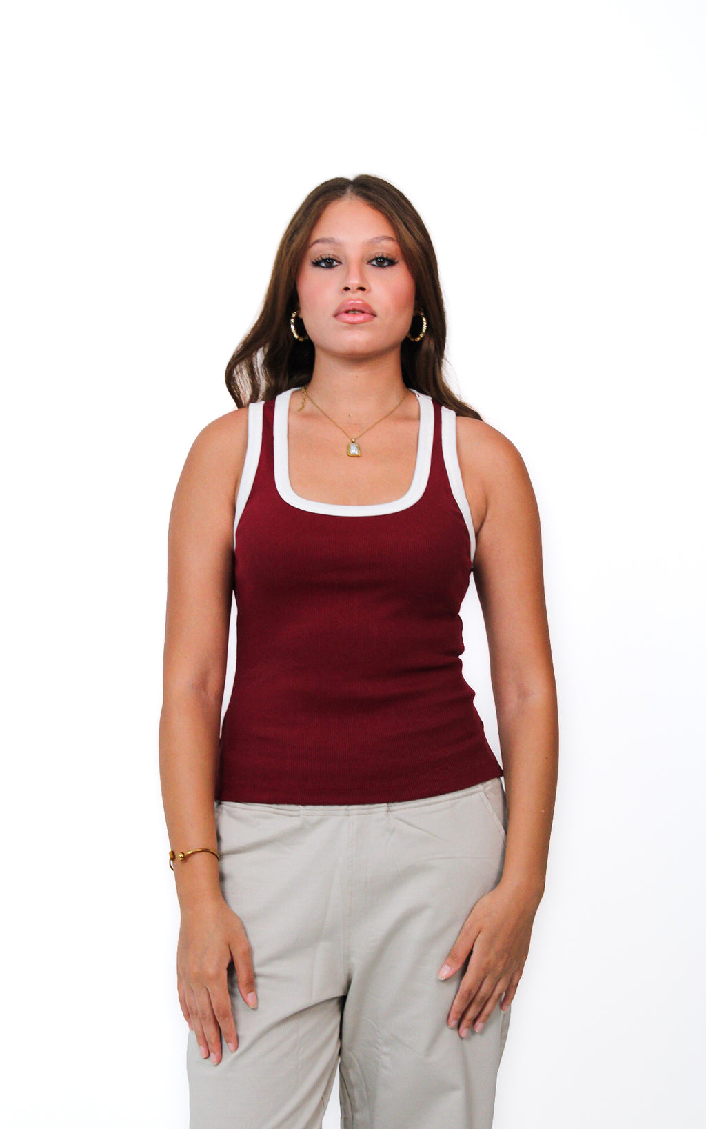 Contrast Ring Tank in Burgundy, front view