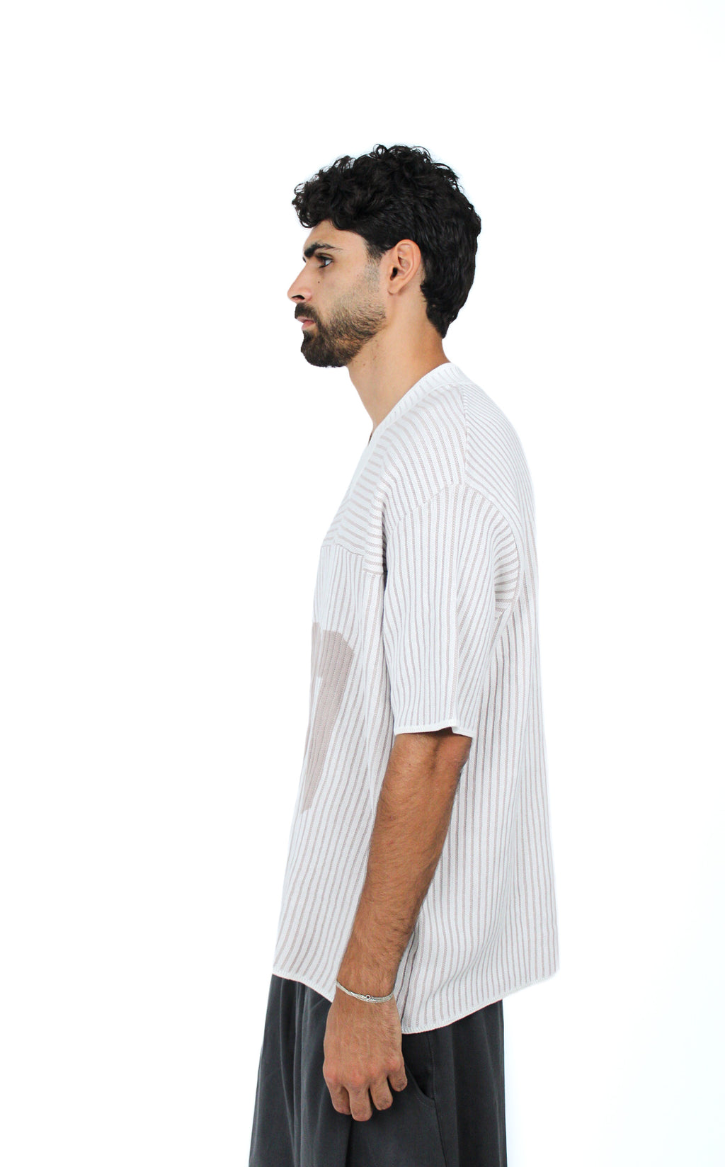 00 Knit Jersey Tee in Pinstripe White, three-quarter view