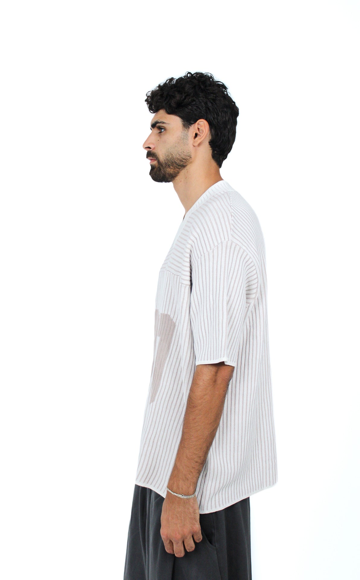 00 Knit Jersey Tee in Pinstripe White, three-quarter view