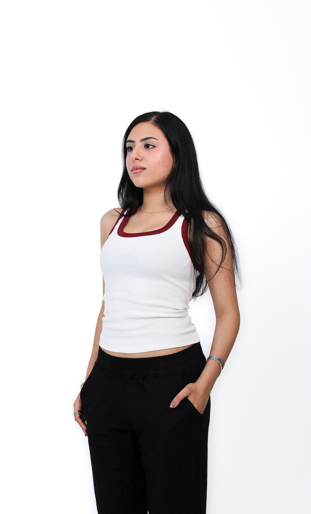Contrast Ring Tank in White, three-quarter view