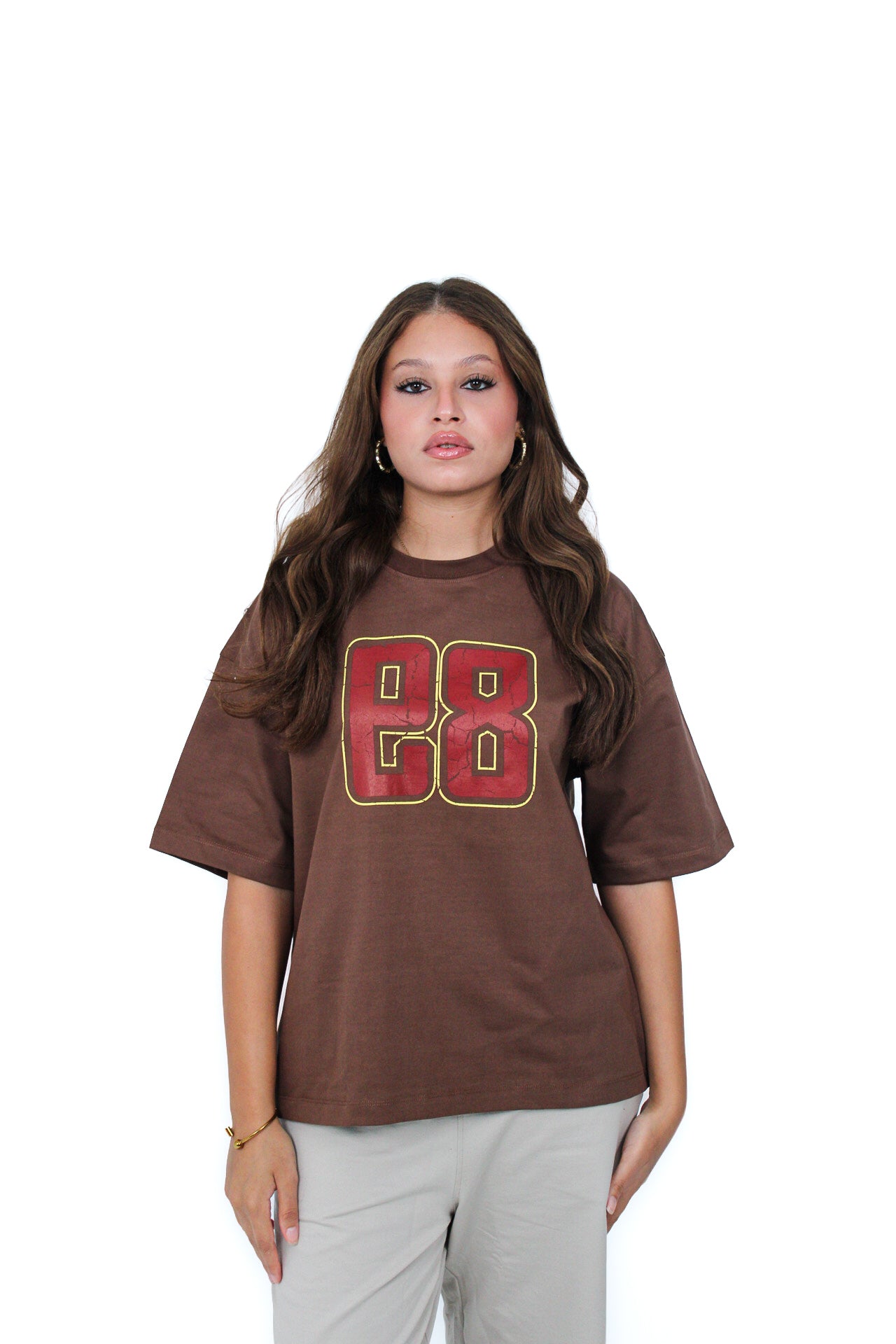 89 Oversized Boxy Tee in Brown, front view