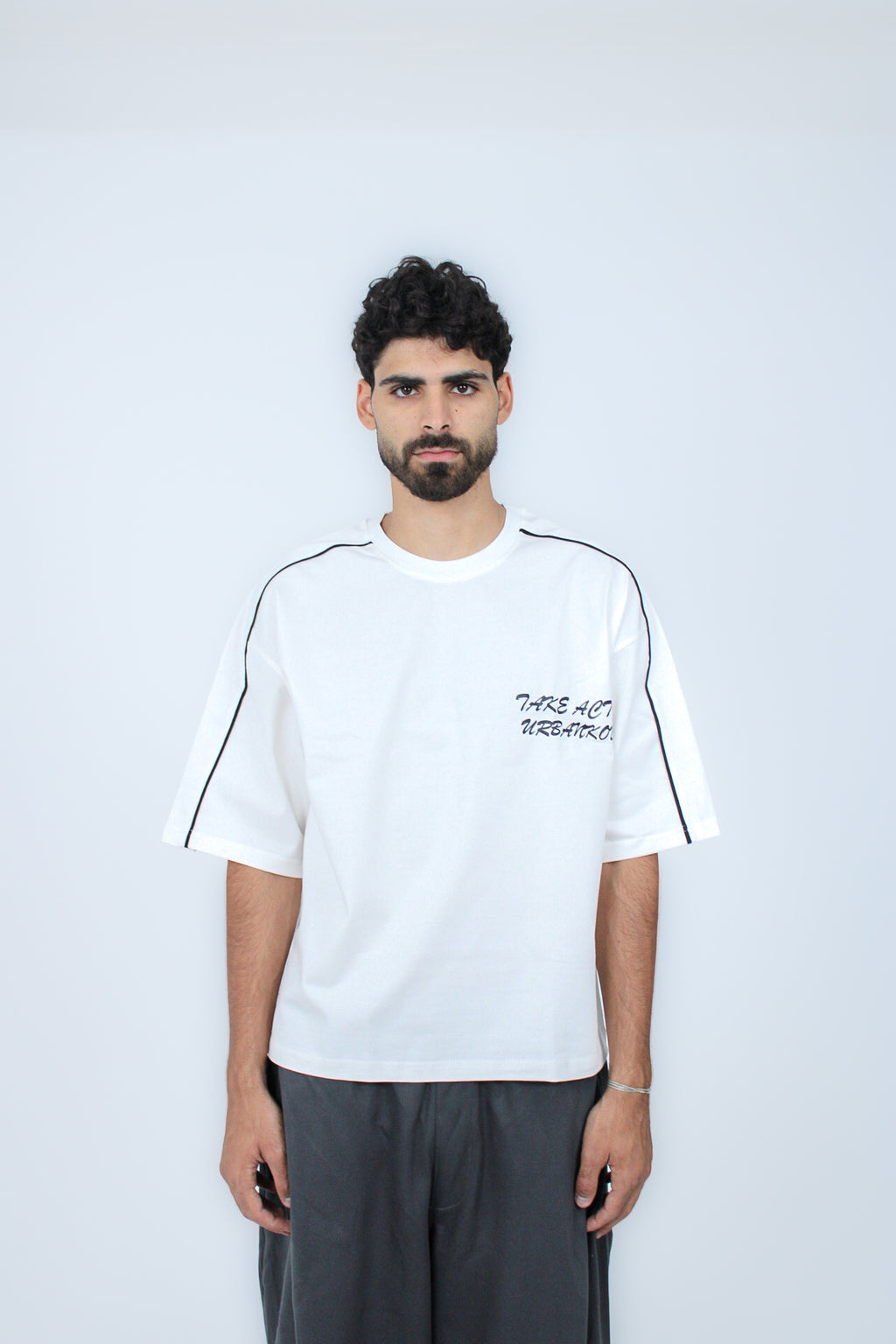Piped Boxy Tee in White, front view