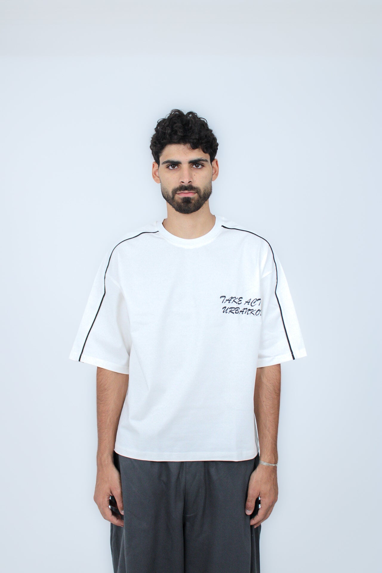 Piped Boxy Tee in White, front view