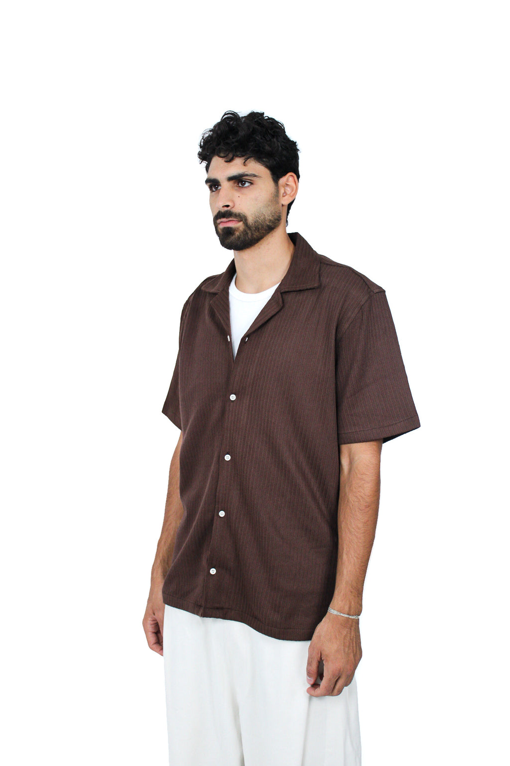 Jacquard Camp-Collar Shirt in Brown, front view