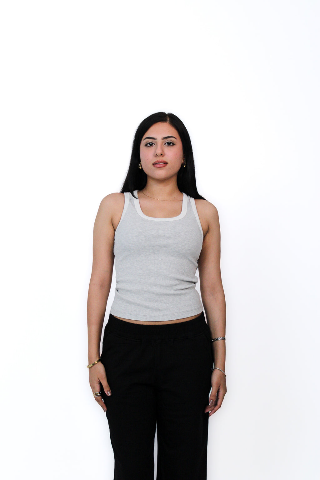 Contrast Ring Tank in Chinne Gray, front view